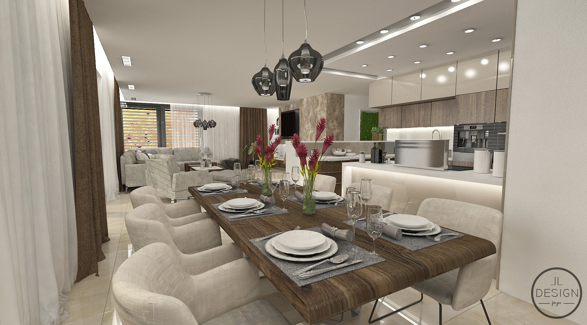 Interiérový dizajn kuchyne s obývačkou - Rodinný dom Detva - LL design